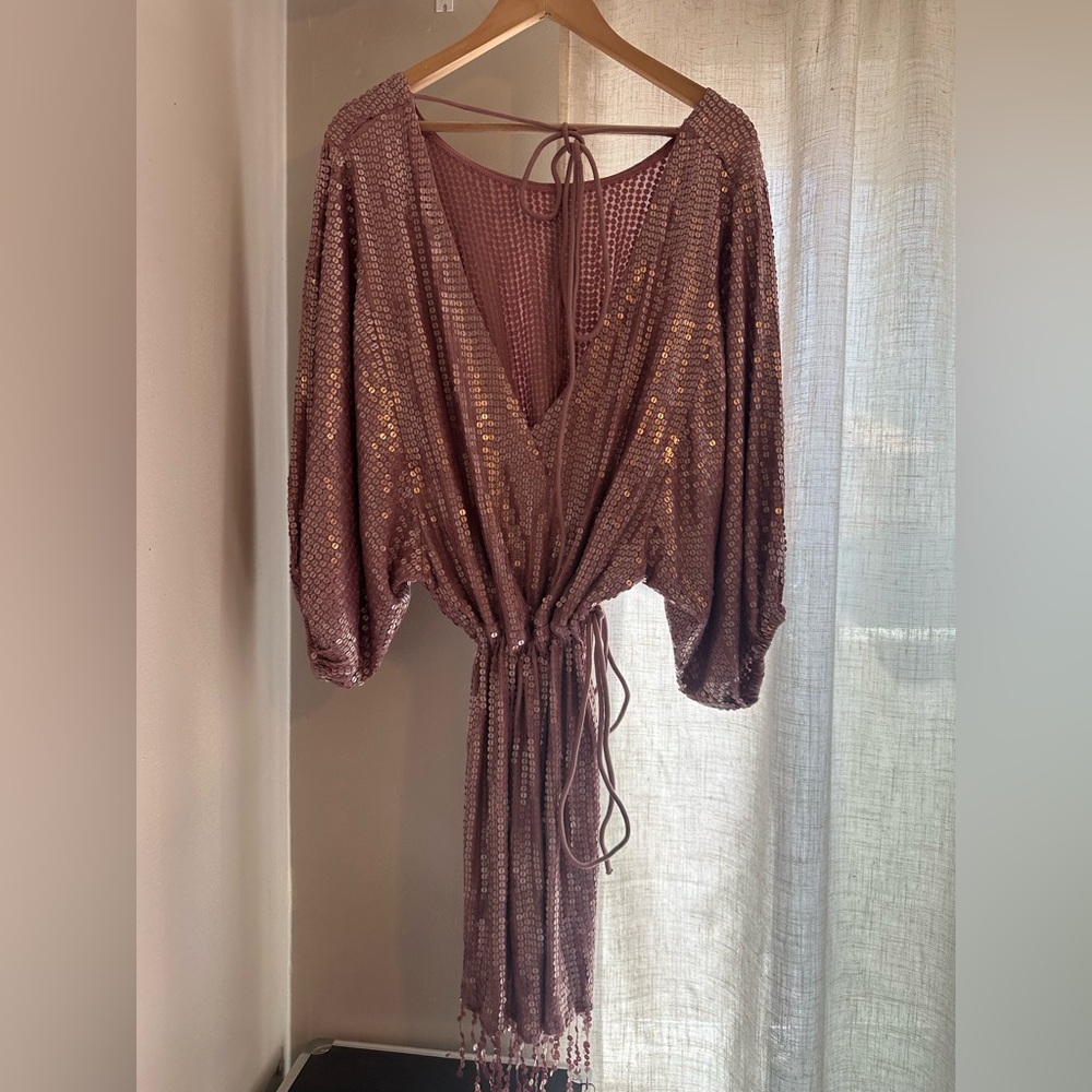 Purple Sequin Dress With Waist Tie Cinched Waist